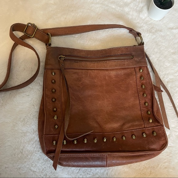 Lucky Brand Dixie Crossbody Bag Brown Distressed Leather Studded Handbag Purse - Picture 7 of 10